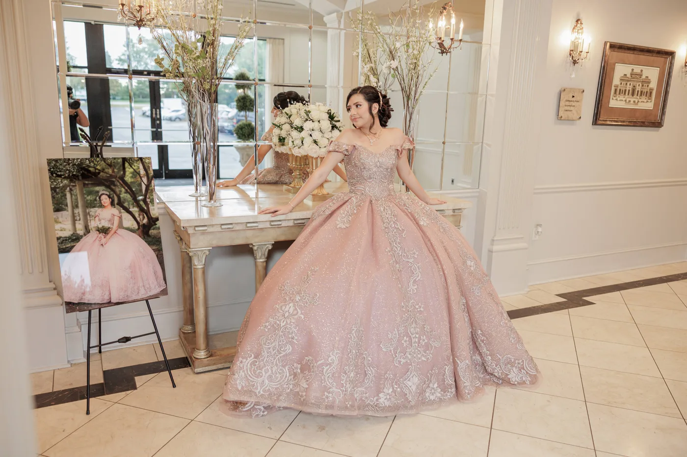 Quinceañera welcome area with floral decor at Spring Hall Event Venue in Atlanta